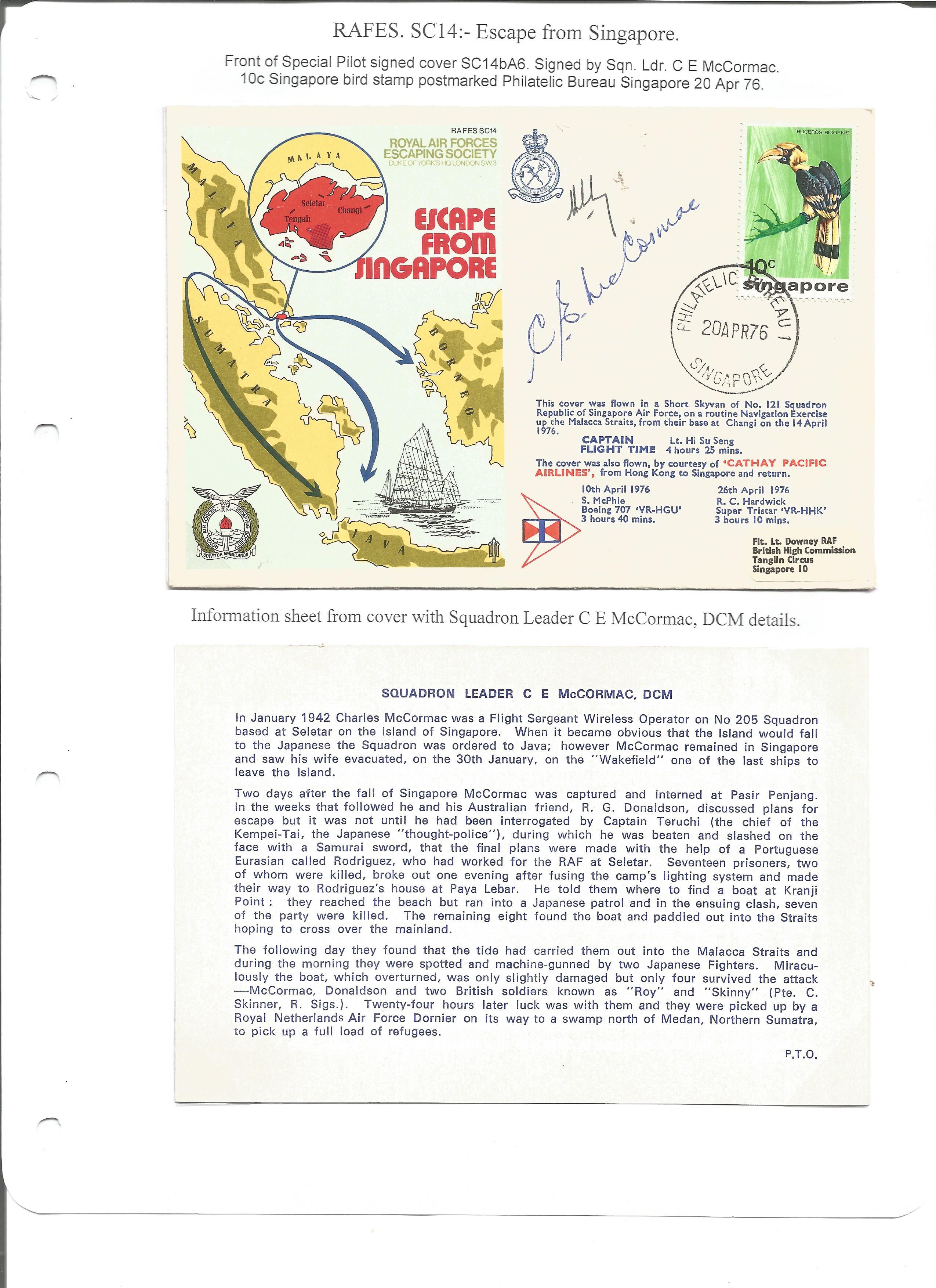 Sqn Ldr C E McCormac signed RAF escapers special cover SC14bA6. 10c Singapore bird stamp