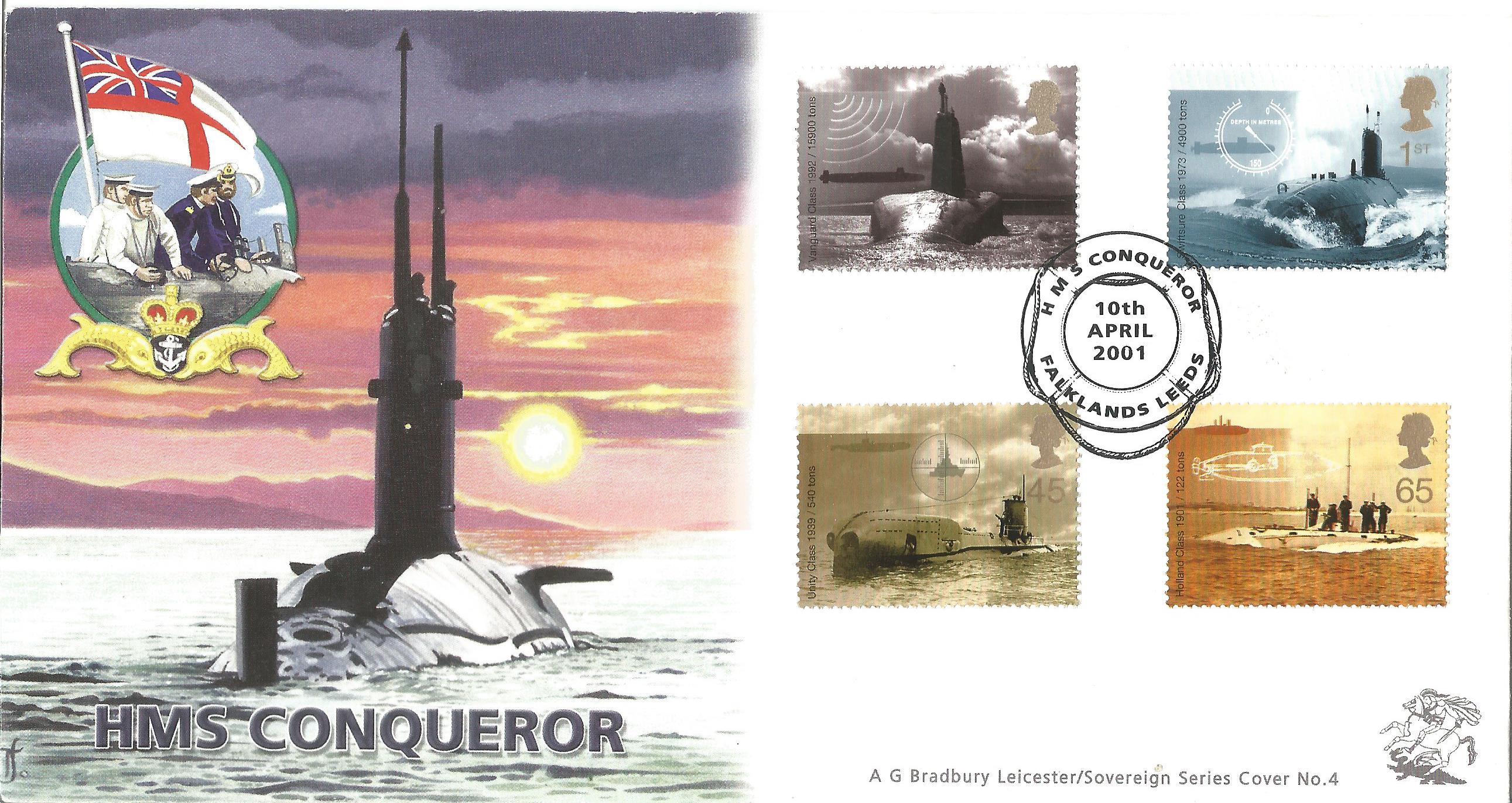 Falklands War HMS Conqueror, Bradbury Souvenir Series Cover No. 4. Special pictorial postmark: HMS