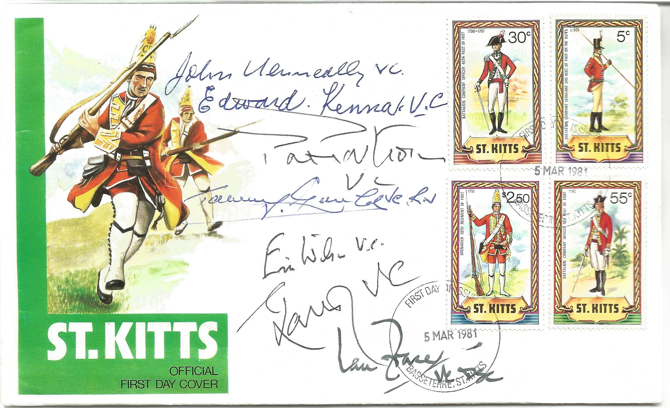 Seven Victoria Cross winners signed 1983 St Kitts Military Uniforms FDC. Signed by G Lama VC, J