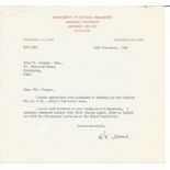Prof R V Jones typed signed letter 1982 to WW2 book author Alan Cooper regarding hi CBE. Reginald