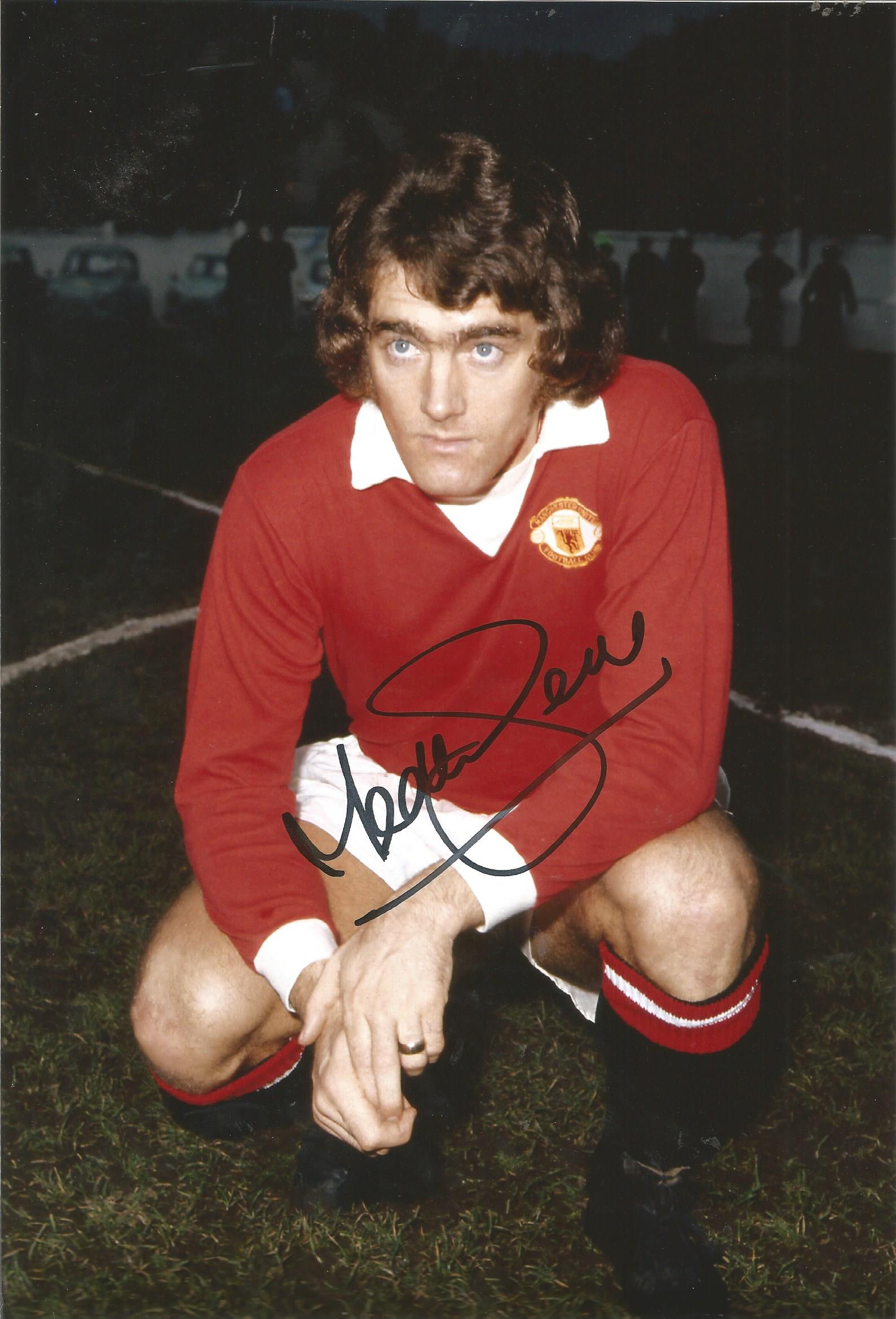 Autographed TED MacDOUGALL photo, a superb image depicting the Manchester United centre forward