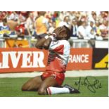 Martin Offiah signed 8x10 colour photo pictured in action for Wigan against Leeds in the challenge