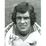 Joe Jordan signed 10x8 b/w photo pictured in Leeds United kit. Good Condition. All signed pieces