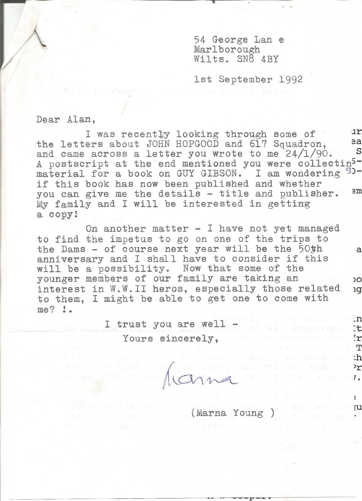 Marna Young sister of John Hopgood typed letter hand written letter 1992 to WW2 book author Alan