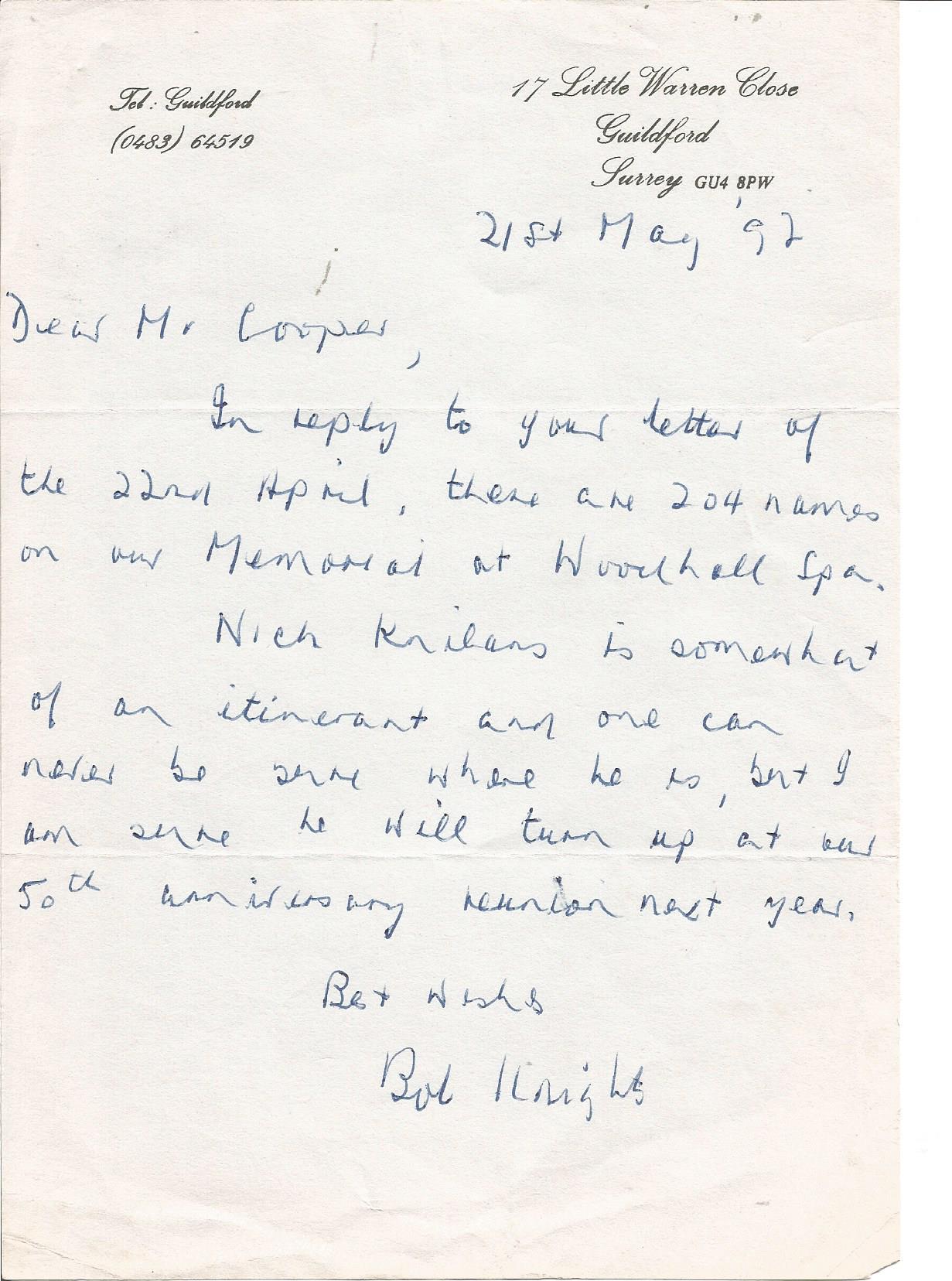 Bob Knights 617 Sqn 1991 hand written letter to WW2 book author Alan Cooper regarding the Woodhall