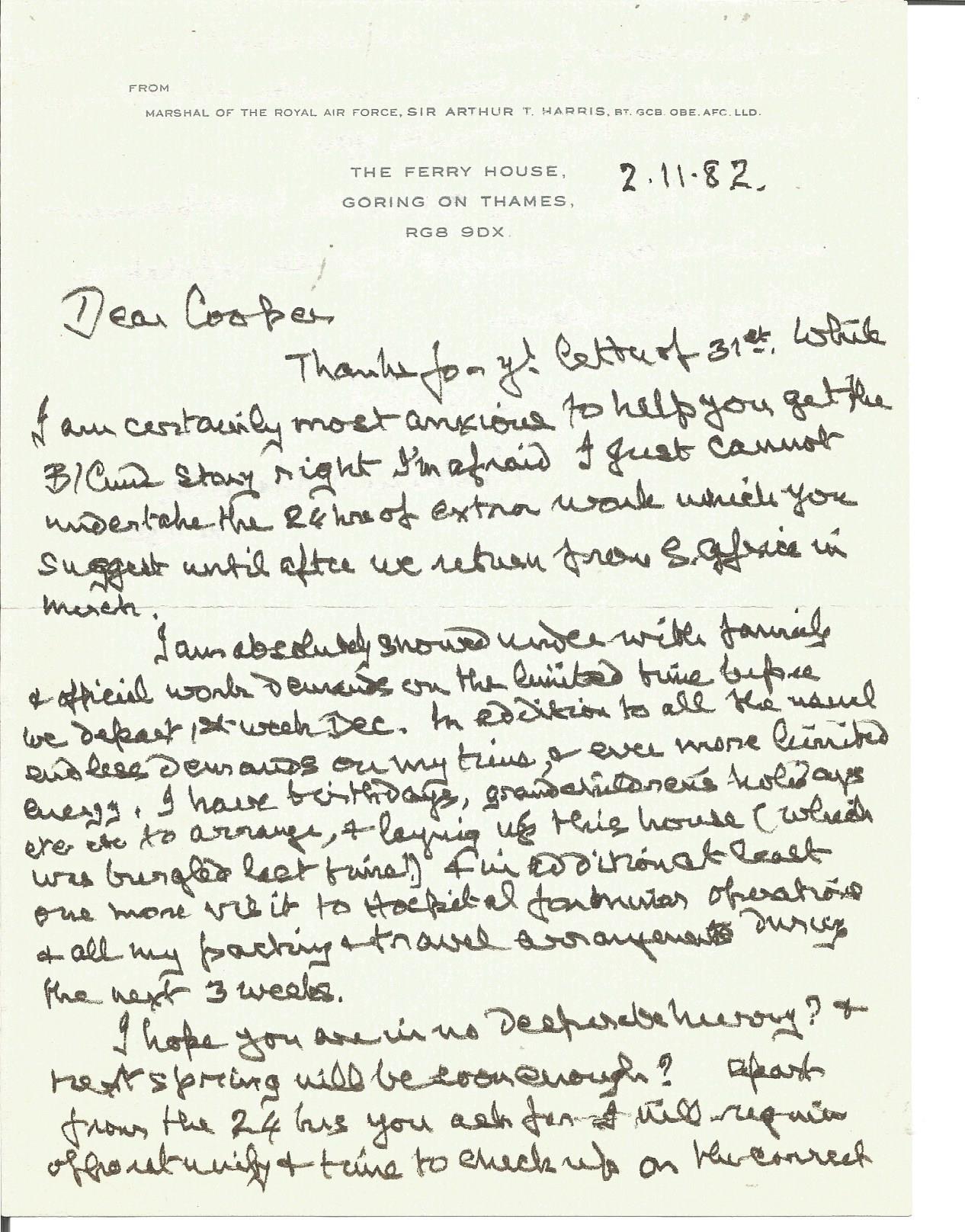 Sir Arthur Harris 1982 hand written letter to WW2 book author Alan Cooper regarding helping