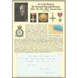 Air Chief Marshal Sir Donald Randell Evans KBE CB DFC, MiD, Bronze Star signed handwritten letter.