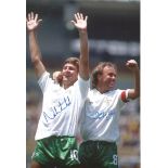 Autographed N IRELAND 1986 photo, a superb image depicting NORMAN WHITESIDE celebrating with team