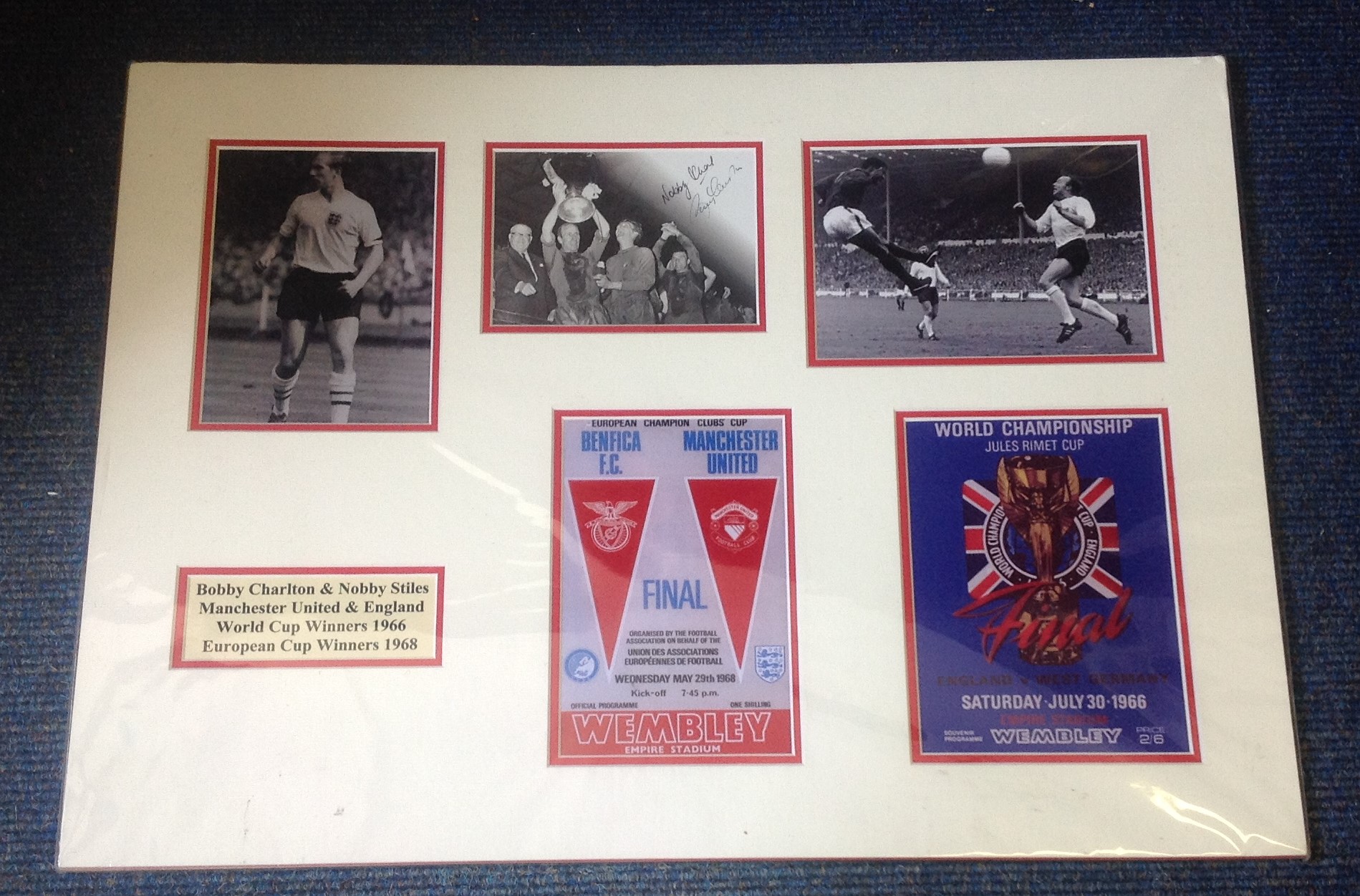 Nobby Stiles and Bobby Charlton signed b/w photo, mounted with photos and copy programme covers.