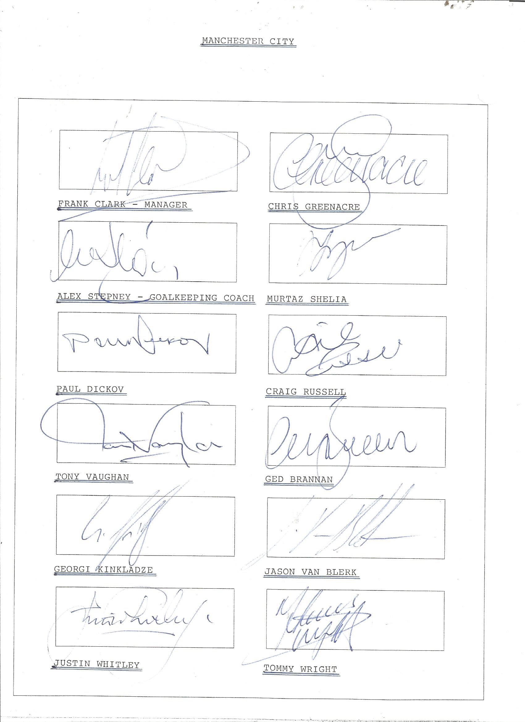 Manchester City signed A4 sheet. Signed by 16. Including Frank Clark, Chris Greenacre, Alex Stepney,