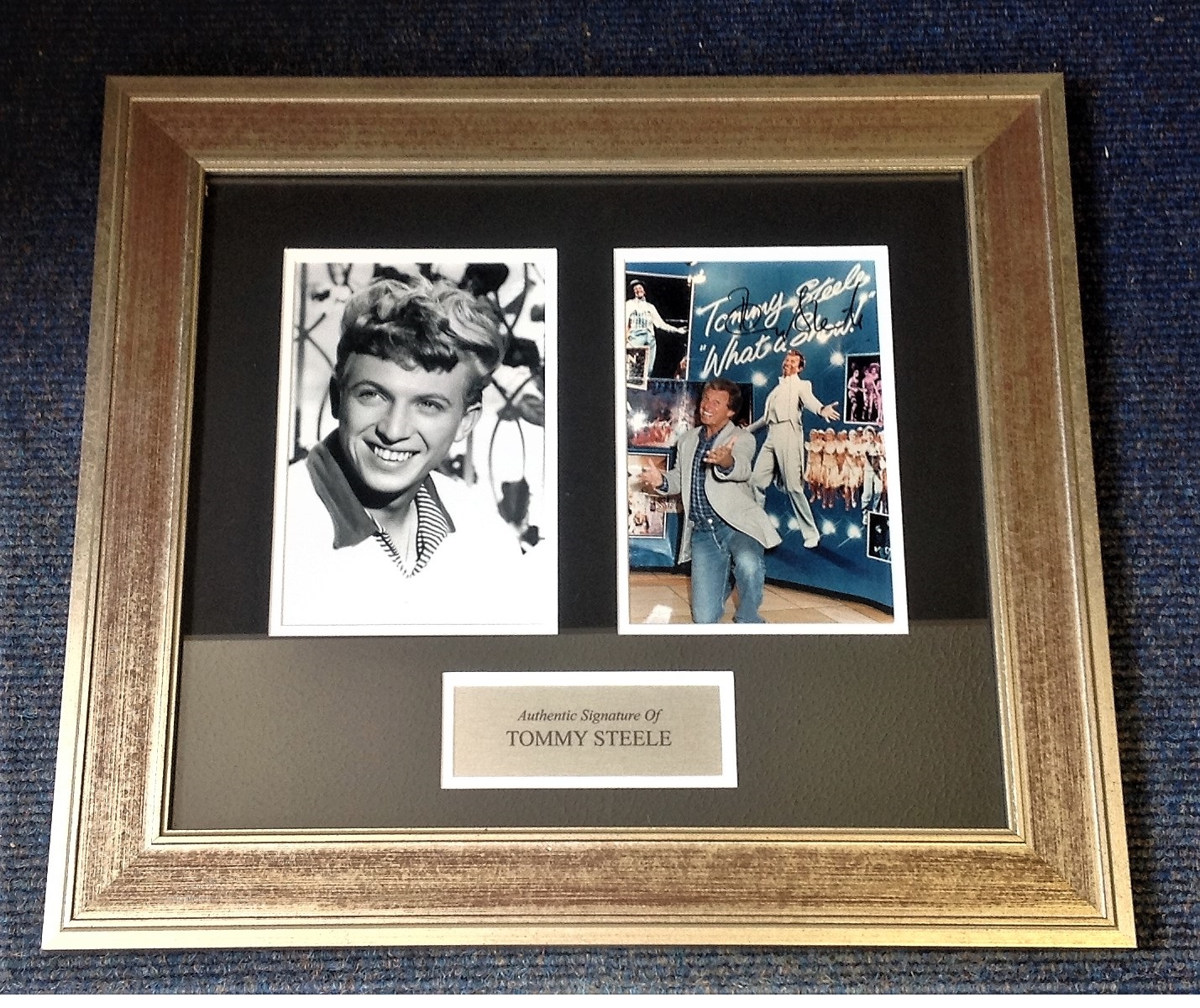 Tommy Steele signed colour photo, mounted alongside b/w photo. Approx size 19x16. Good Condition.