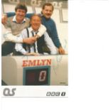 Emlyn Hughes, David Coleman and Bill Beaumont signed 6x4 colour Question of Sport photo. Good