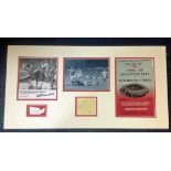 Pat Crerand, Bobby Charlton and Denis Law signature pieces mounted with photo and programme front