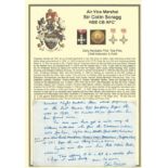 Air Vice Marshal Sir Colin Scragg KBE CB AFC* signed handwritten letter. Set into superb A4