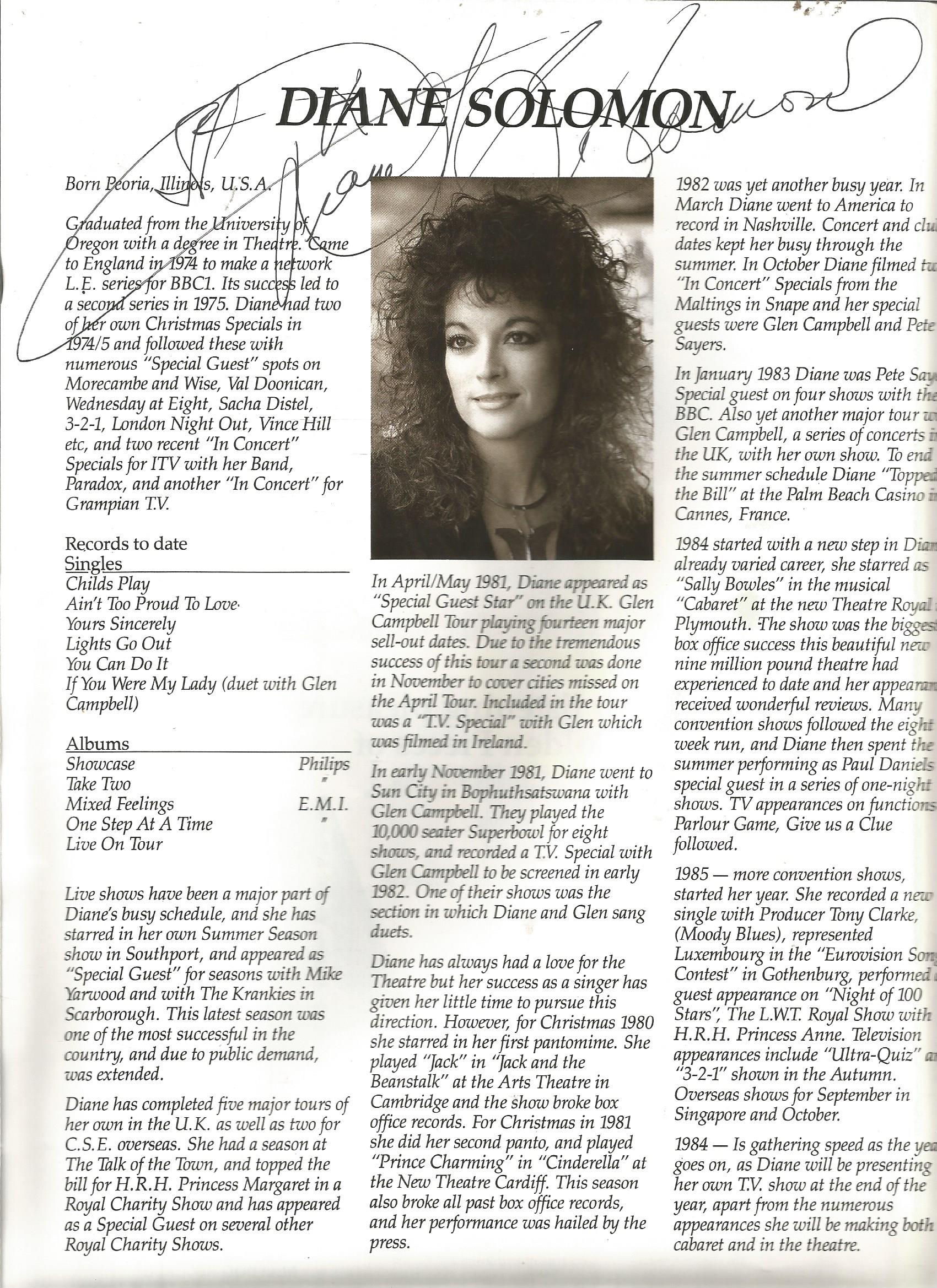 Diane Solomon signed magazine page. Good Condition. All signed pieces come with a Certificate of