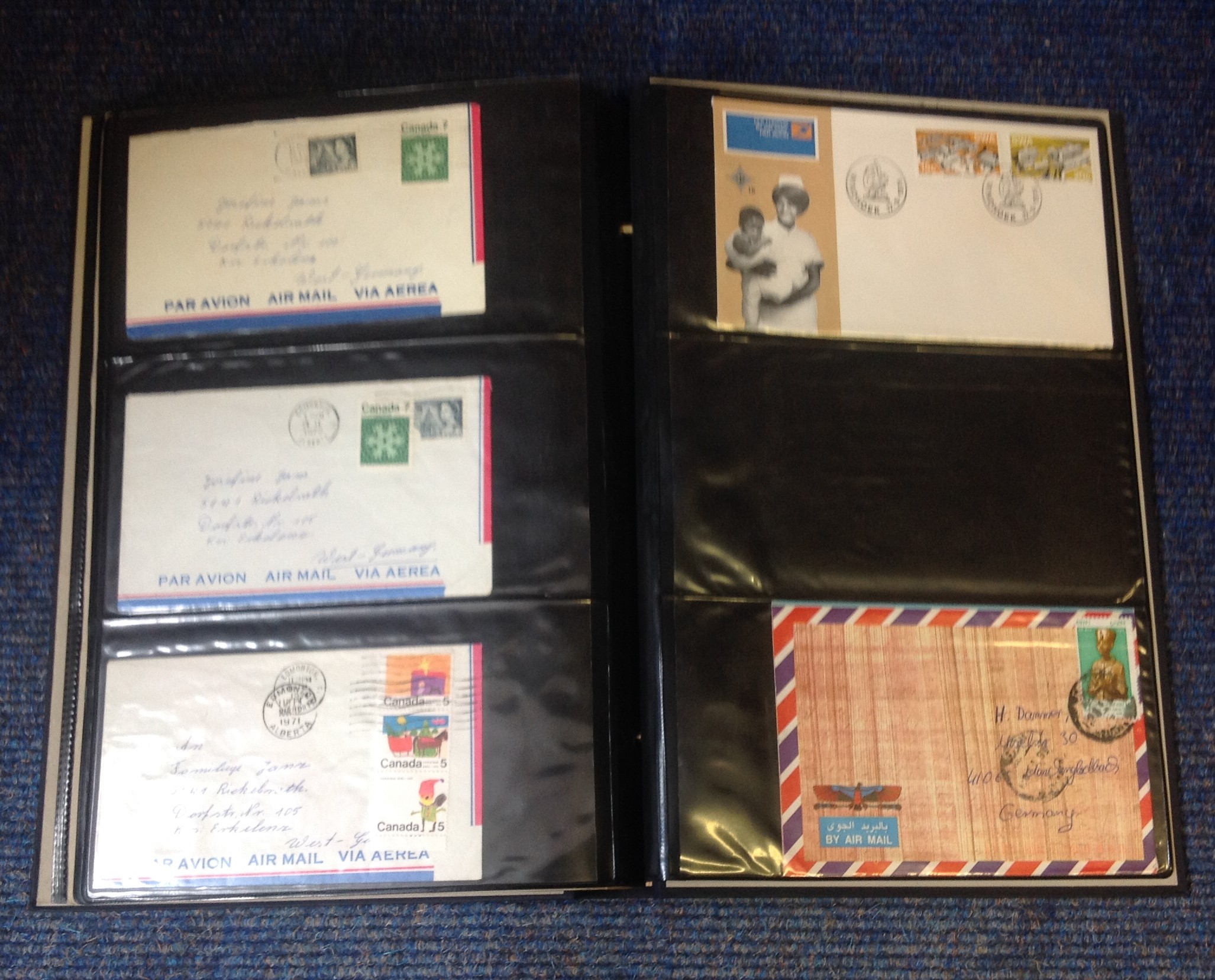 Postal collection. Contains 53 items. Including airmails with handwritten addresses, typed