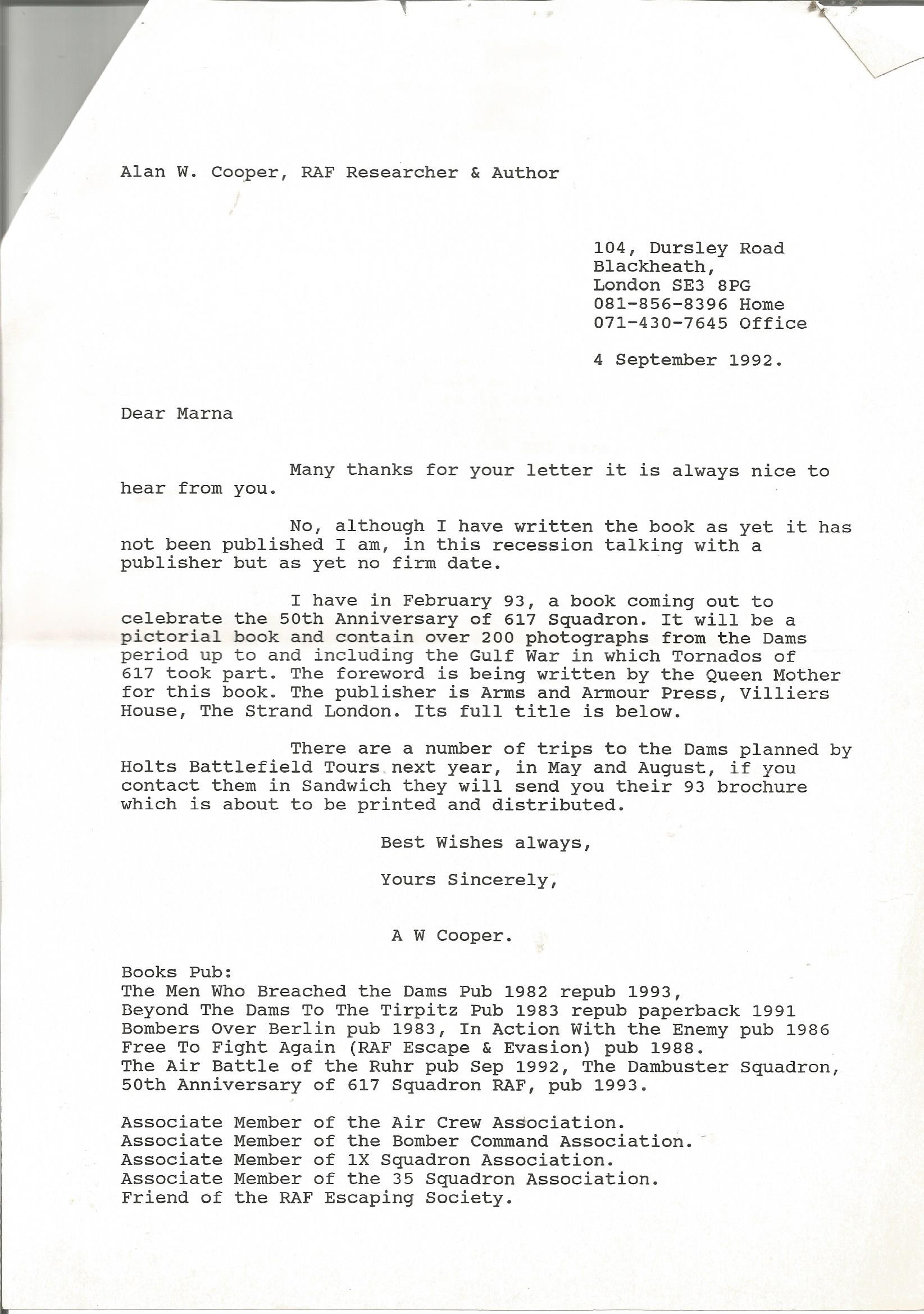 Marna Young sister of John Hopgood typed letter hand written letter 1992 to WW2 book author Alan - Image 2 of 2