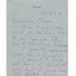 Eve Gibson hand written letter 1978 to WW2 book author Alan Cooper. Good Condition. All signed
