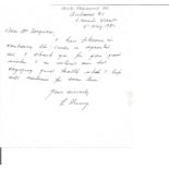 Battle of Britain pilot L Hurry hand written letter regarding signed cards. From Battle of Britain