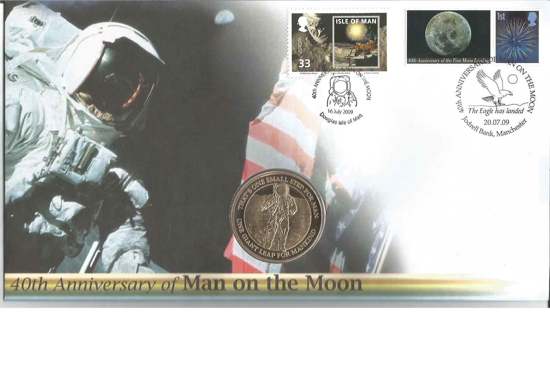 40th ann Man on the Moon 2009 Isle of Man Coin FDC with 4One Giant Leap for Mankind Coin inset. We