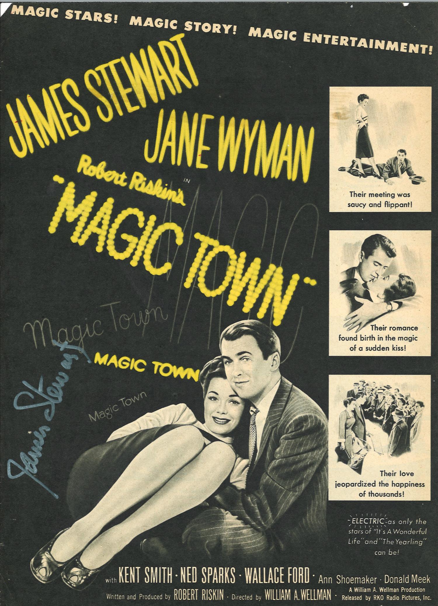 James Stewart signed front page of movie booklet for Magic Town. Good Condition. All signed pieces