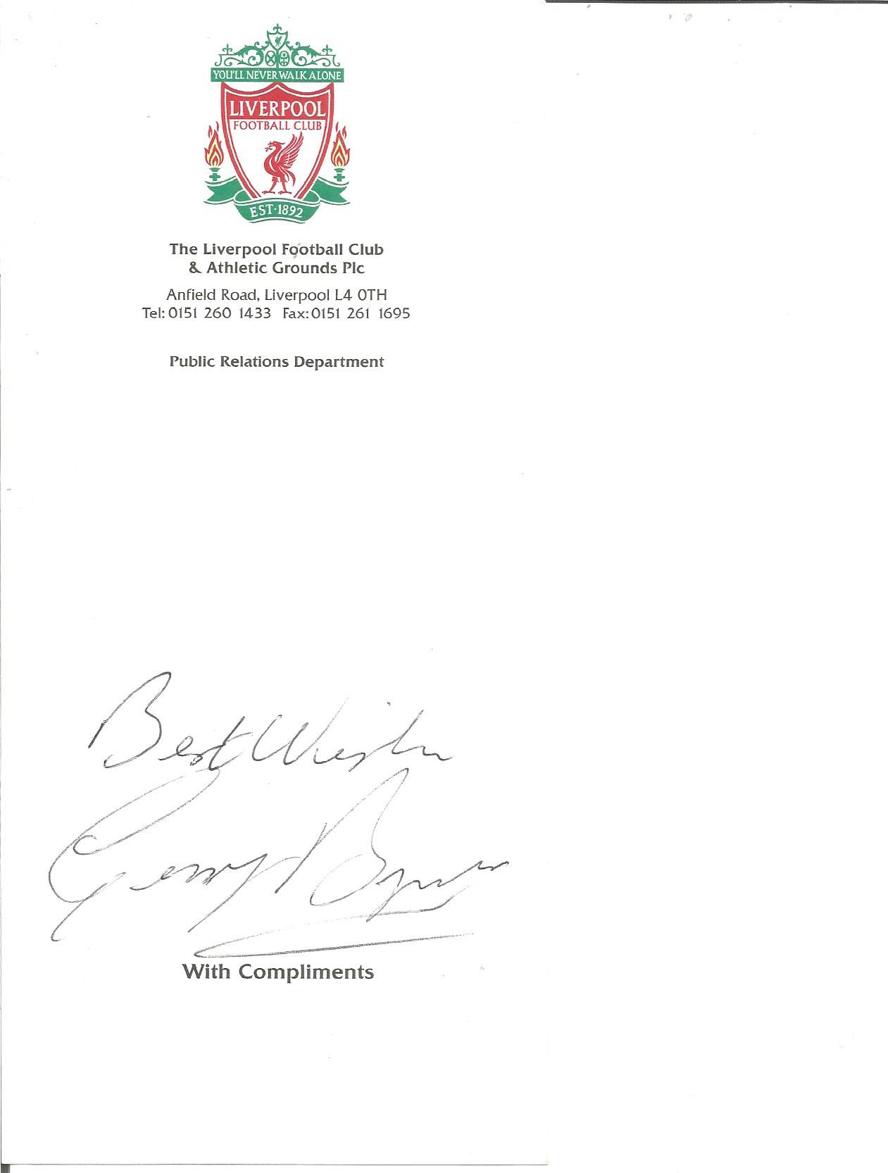 George Byrne signed Liverpool compliment slip. Good Condition. All signed pieces come with a