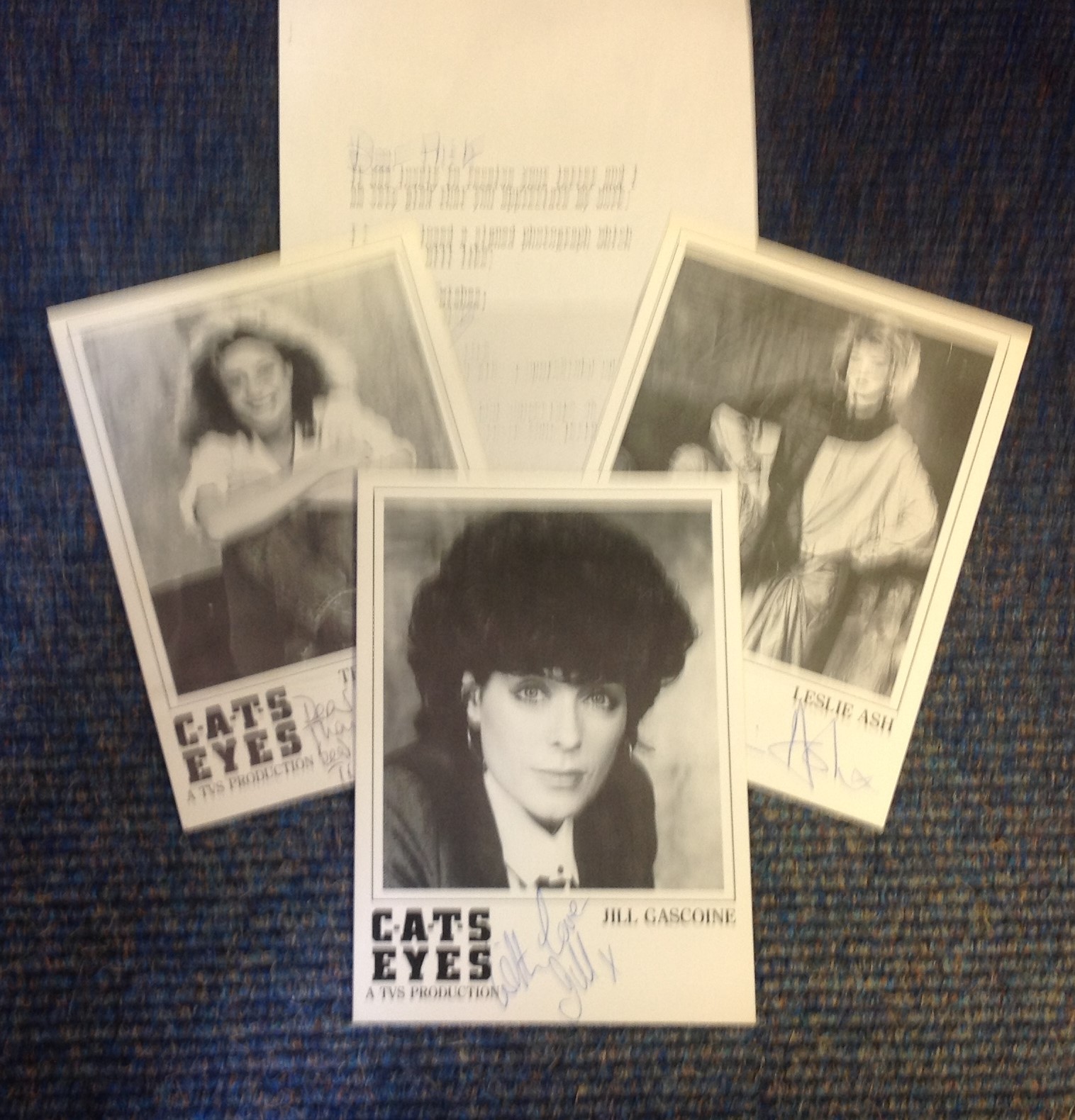 CATS Eyes signed photo collection. Contains three 6x5 b/w photos, individually signed by Leslie Ash,