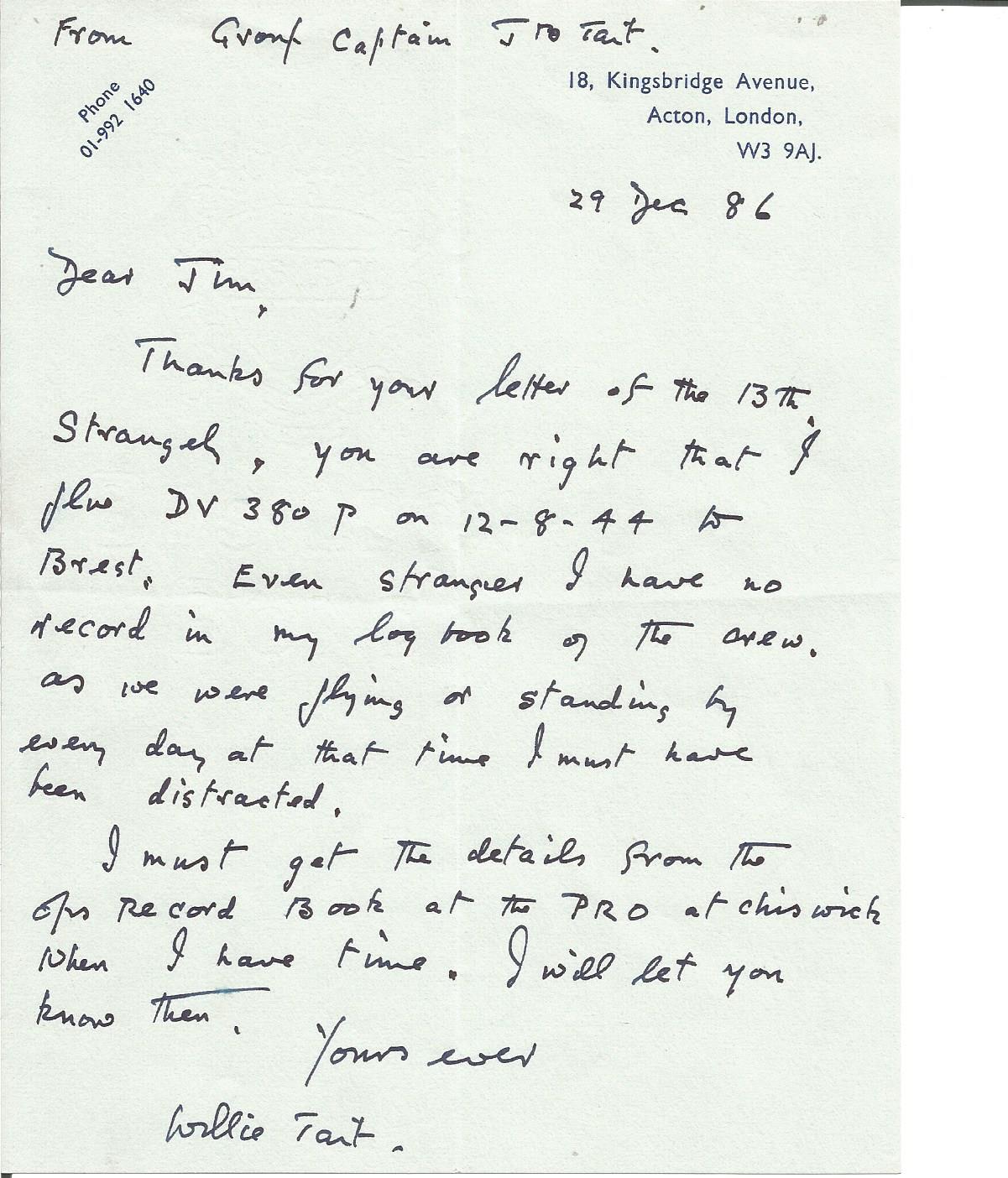 Tirpitz raider Grp Capt James Tait 617 sqn hand written letter to Jim Shortland Dambuster WW2