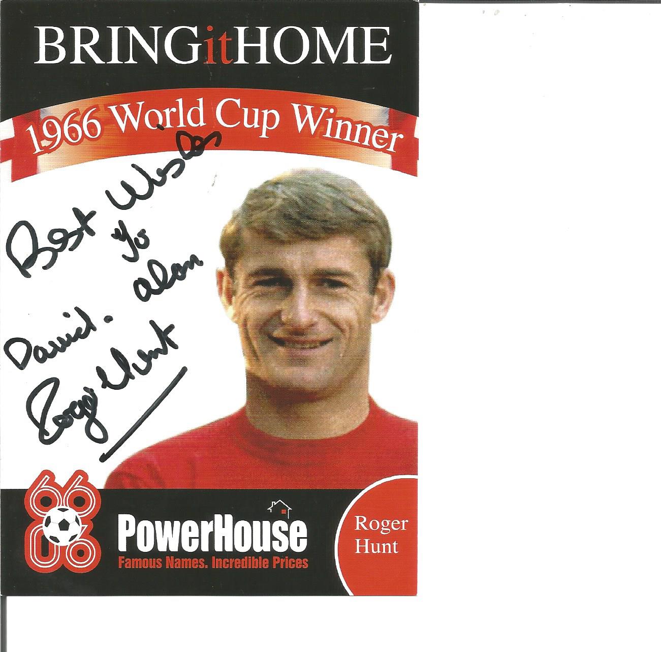 Roger Hunt signed 6x4 Powerhouse promotional photo card. Good Condition. All signed pieces come with