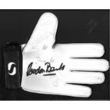 Football Gordon Banks signed Sandico goalkeeper glove. Lett hand glove signed on the palm. Good
