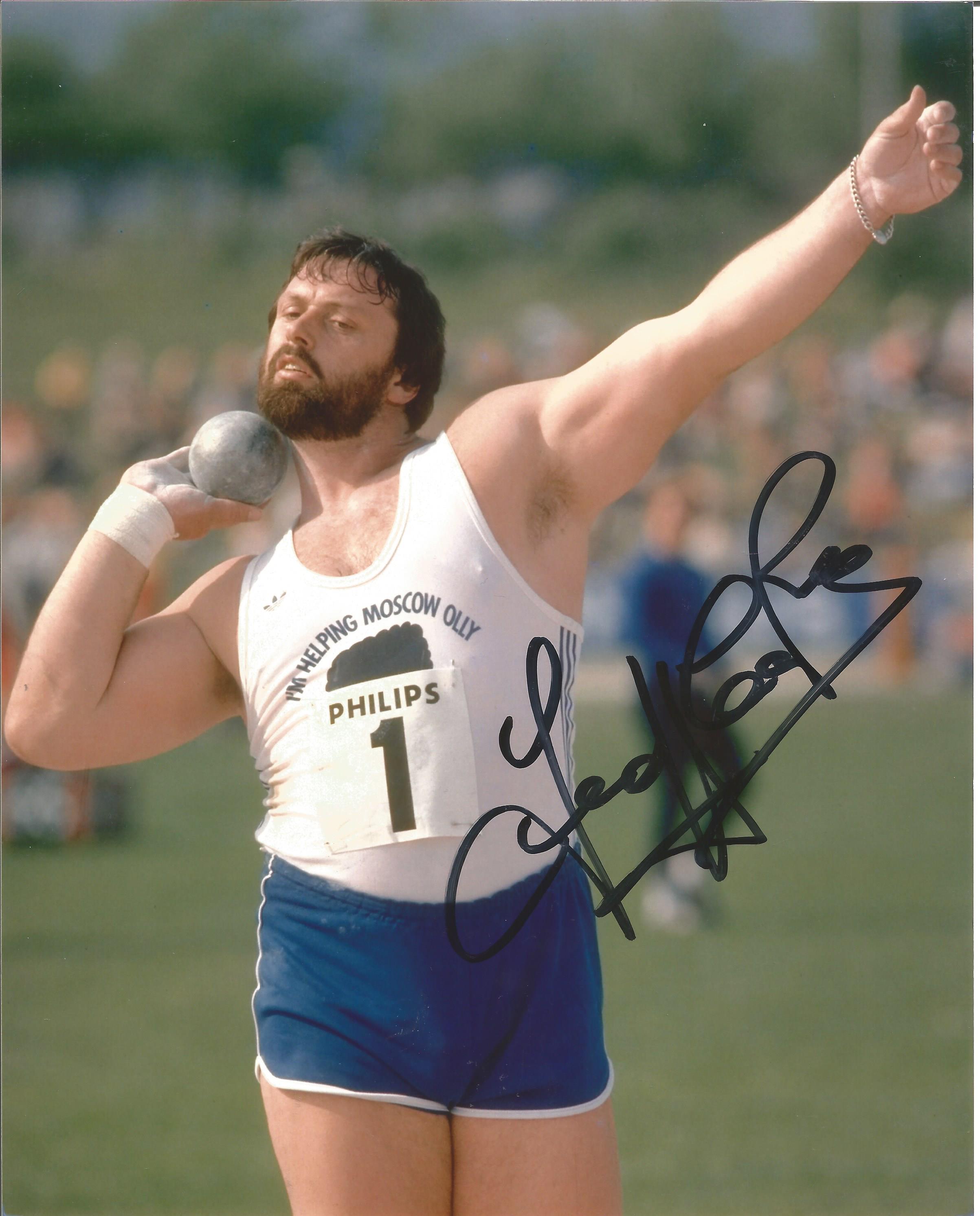 Geoff Capes signed 10x8 colour in action with shot putt. Good Condition. All signed pieces come with