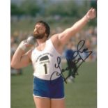 Geoff Capes signed 10x8 colour in action with shot putt. Good Condition. All signed pieces come with
