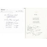 Battle of Britain multisigned 50th ann Fighter Association Dinner Menu card, signed by D Armitage