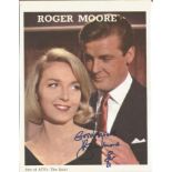 Roger Moore as The Saint signed TV magazine photo, with saint doodle. Good Condition. All signed