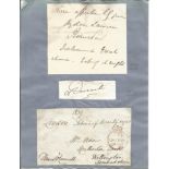 1800s autographs set in blue card, note signed by Robert Peel 1849, small signature piece Disraeli