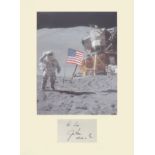Space Apollo 15 James Irwin Moonwalker. Signature mounted with portrait of James Lovell.