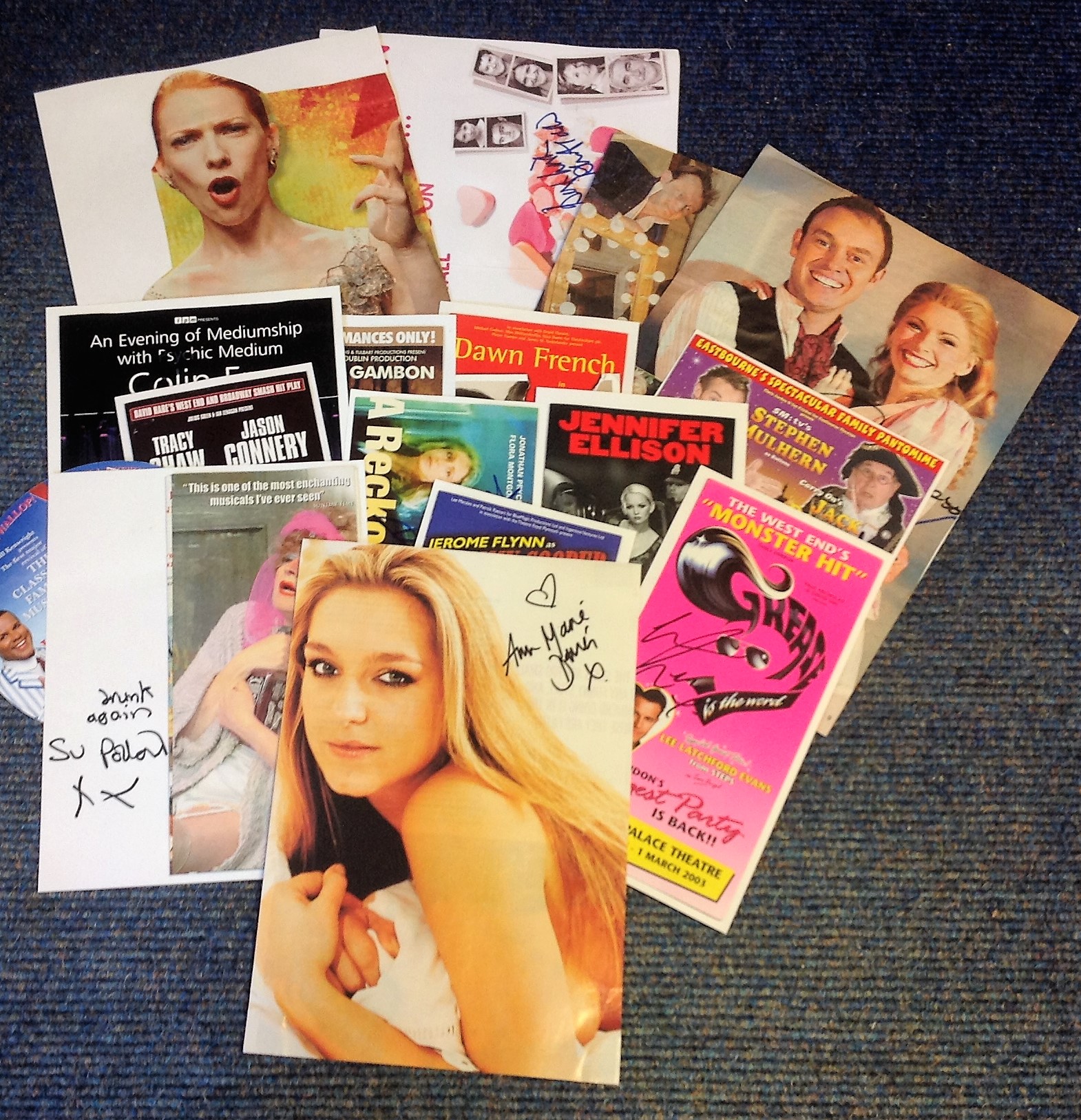 Theatre signed collection. 17 items. Assortment of newspaper photos and flyers. Some of names