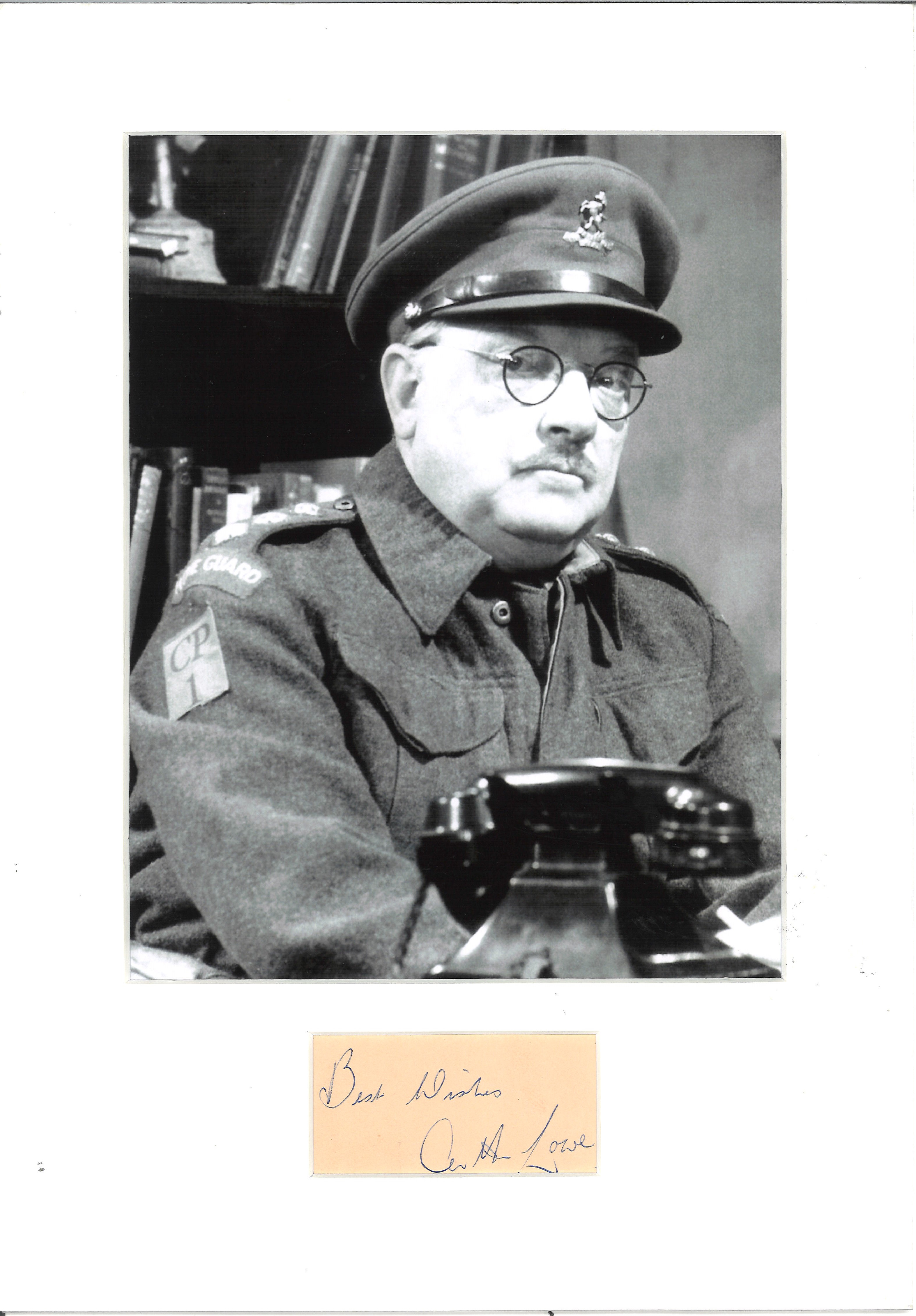 Arthur Lowe signature piece mounted below b/w photo as Captain Mainwaring in Dad s Army. Approx.