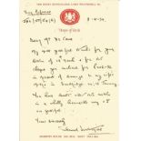 Bernard Weatherill handwritten letter 1994 on House of Lords notepaper, giving thanks for receipt of