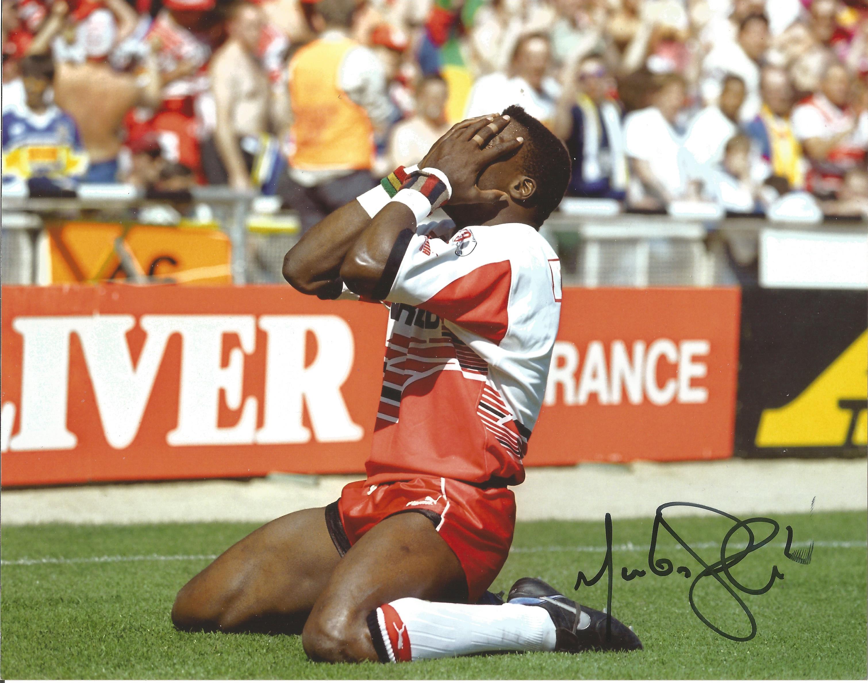 Rugby League Martin Offiah 8x10 signed colour photo pictured after scoring a try for Wigan at