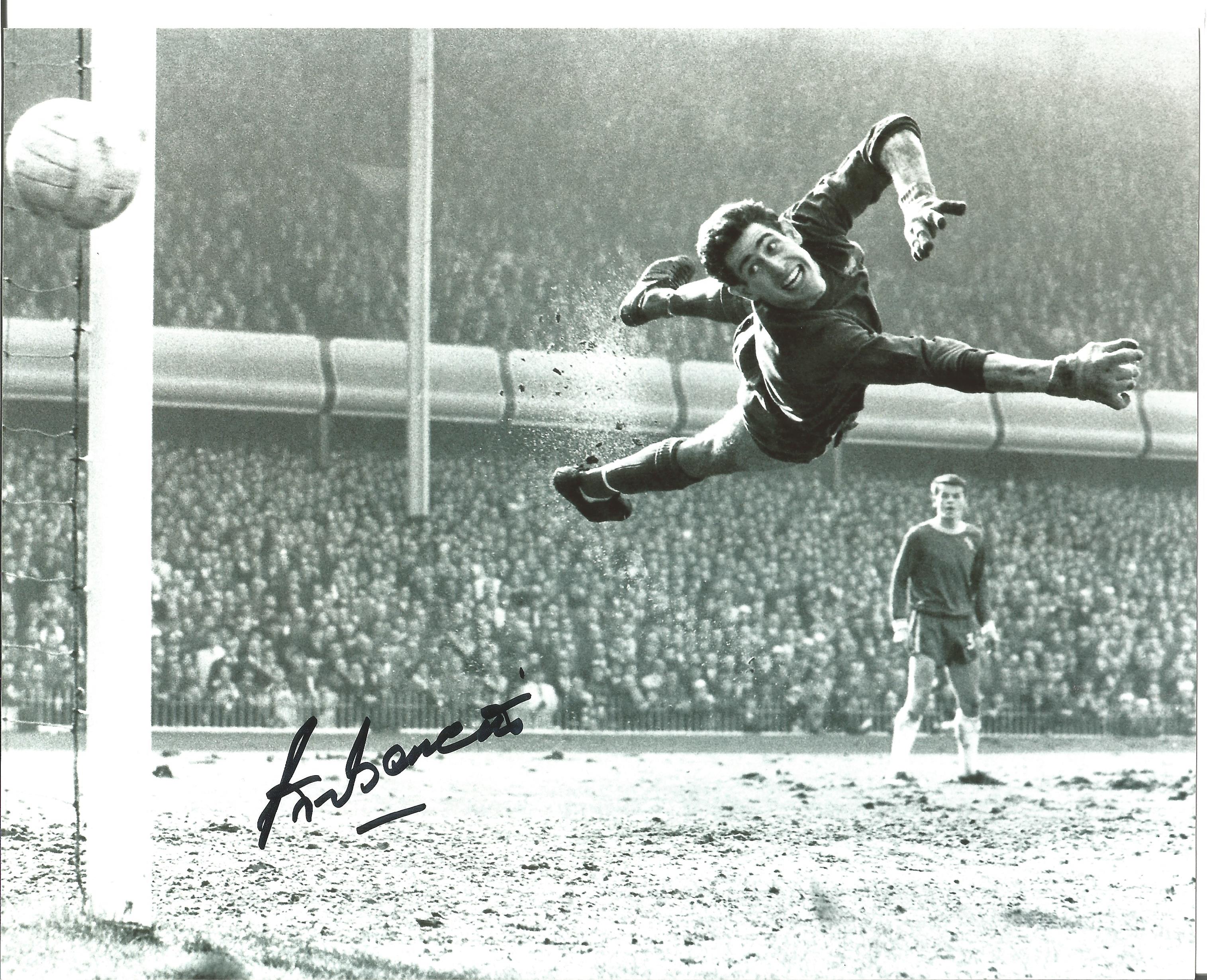 Peter Bonetti Chelsea goalkeeper 8x10 signed b/w football photograph. Good Condition. All signed