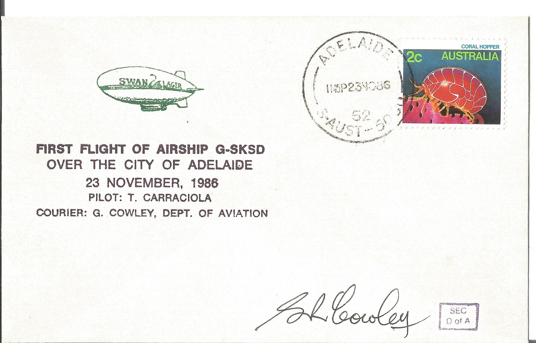 G R Cowley, first recorded person to fly over Adelaide in H. A. B & Airship signed envelope ,