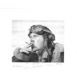 World War Two Pencil Print 15X13 The Airman signed by 5 bomber command veterans Flt Sgt Jack Cook