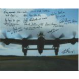 World War Two 10X8 Lancaster colour photo signed by 14 Bomber command veterans Flt t Freddie Ball