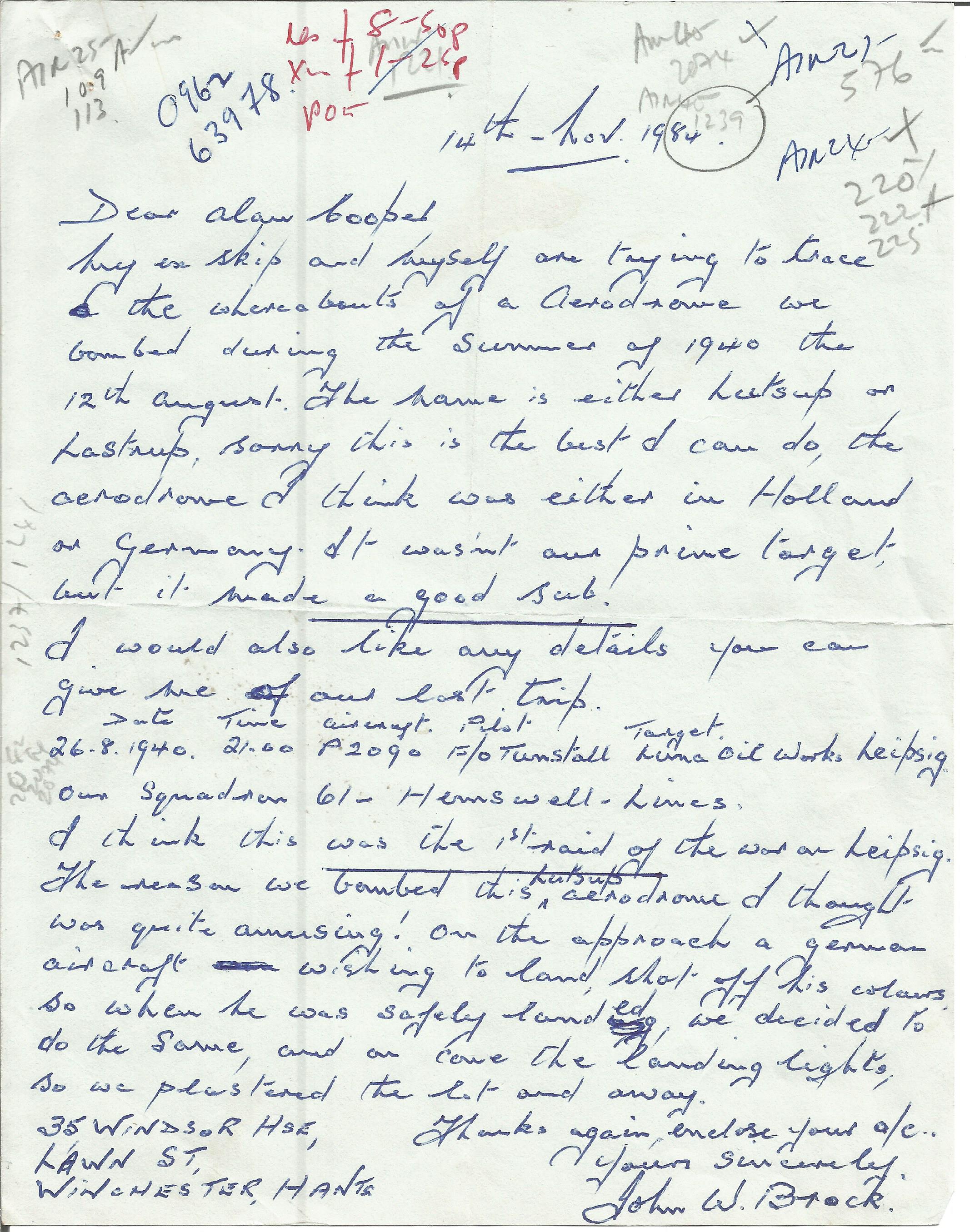 Colditz WW2 inmate Sgt John Brook hand written letter to author Alan Cooper with reference to Sgt