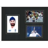 Monty Panesar signed colour photo. Mounted with 2 other photos. Approx overall size 16x12. Good