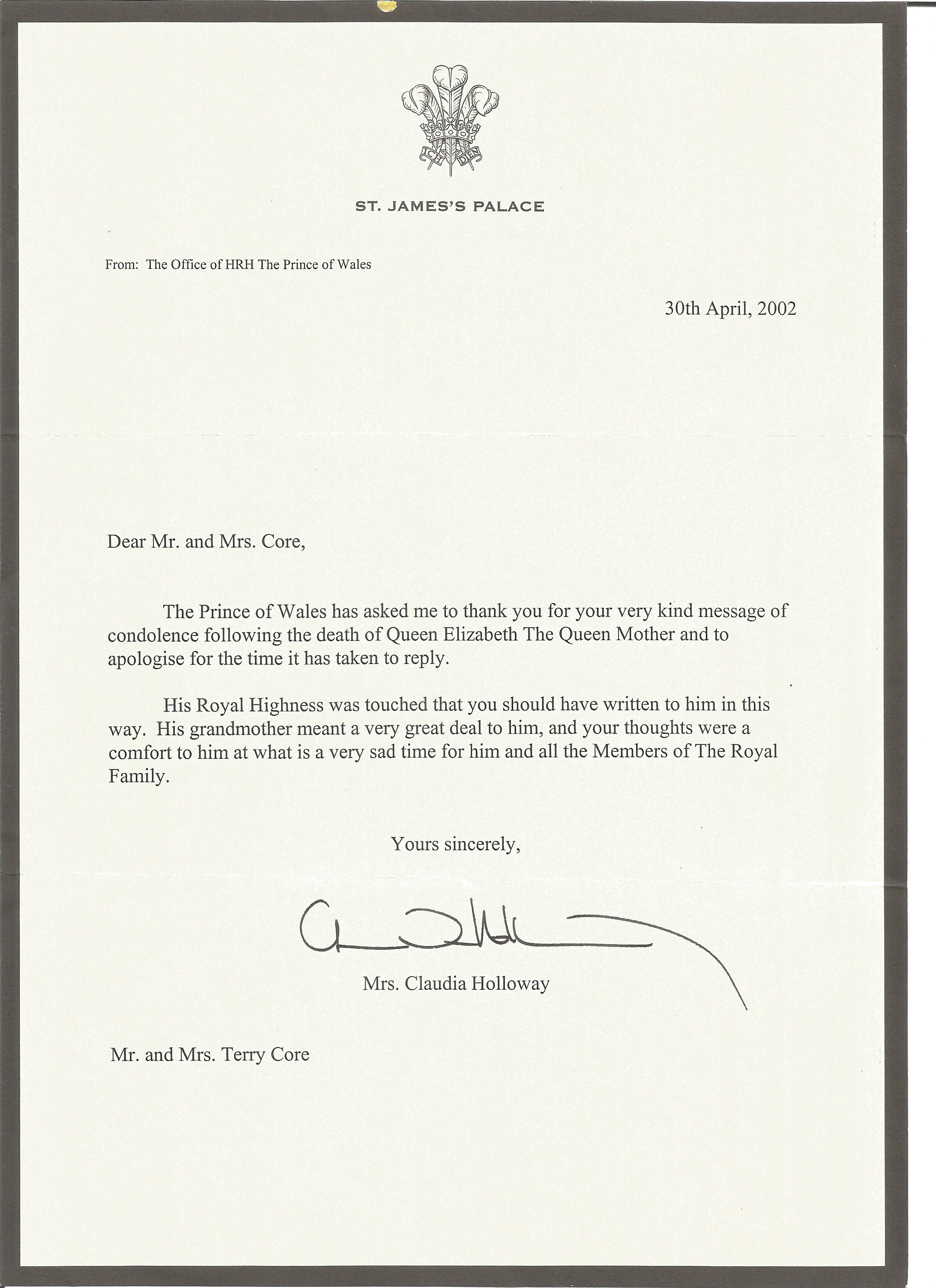 Letter from The Office of HRH The Prince of Wales concerning the death of the Queen Mother dated 30,