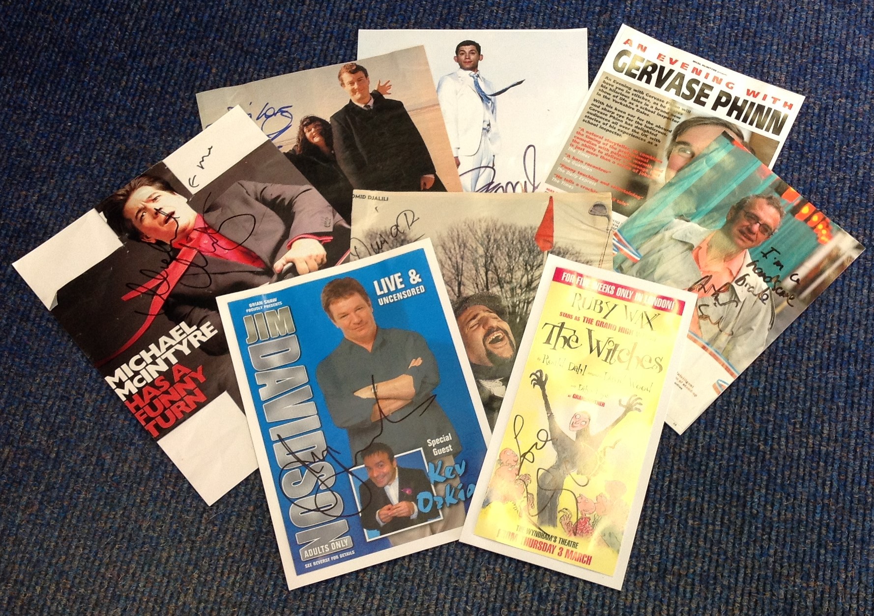 Comedy signed collection. 8 items, assorted flyers and magazine photos. Includes Gervais Phinn,