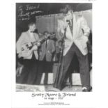 Scotty Moore signed 10x8 black and white photo. Dedicated. Good Condition. All signed pieces come