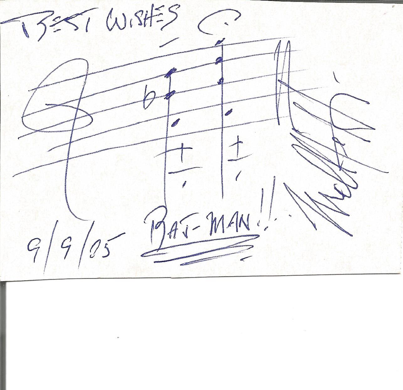 Neil Hefti signed white card with music score added. AMQS batman theme. Good Condition. All signed